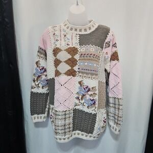 First Concepts Women's Med Hand Knitted Patchwork Floral Sweater Grannycore